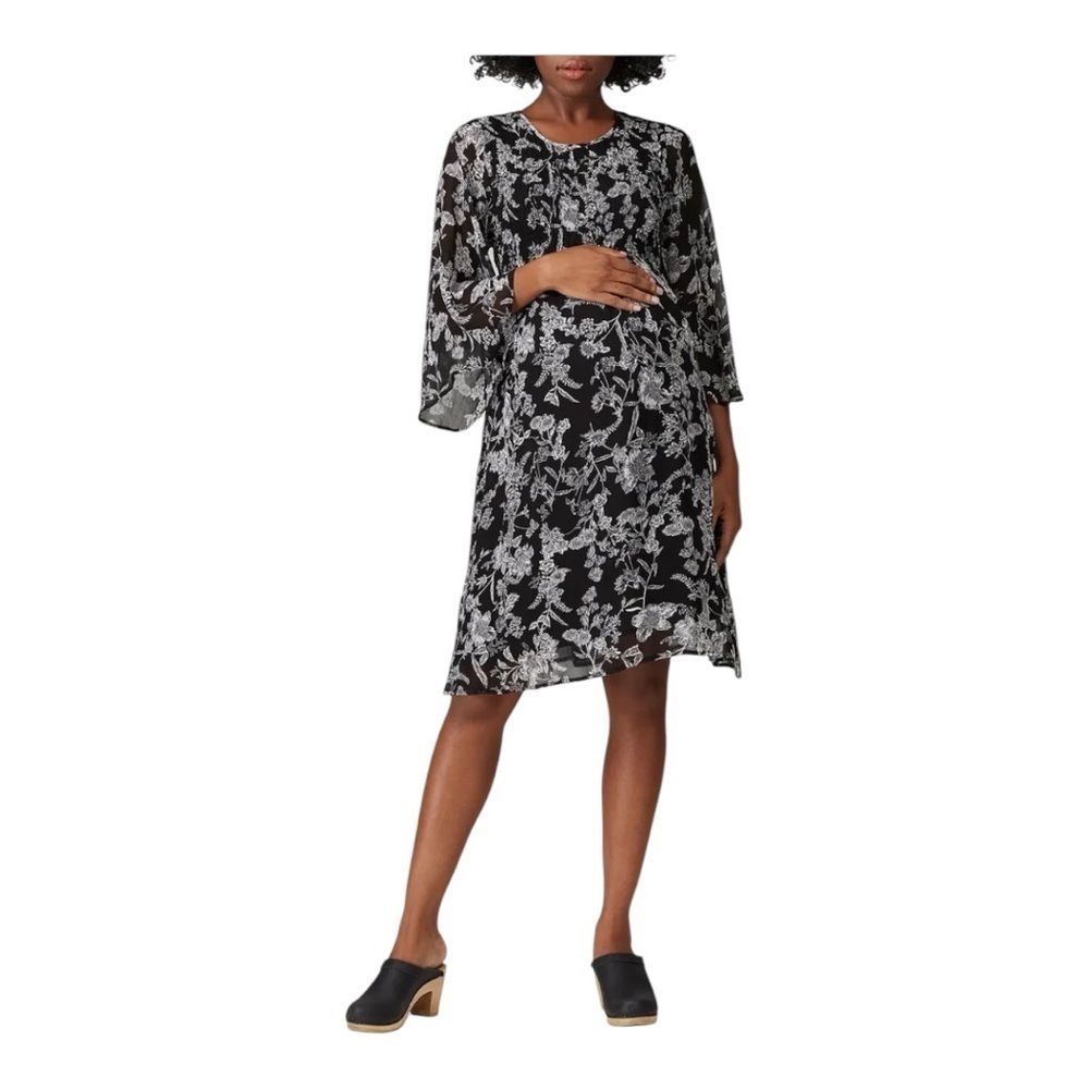 Ripe Maternity Dress Smocked Top 3/4 Sleeves Black & White Floral Print Large